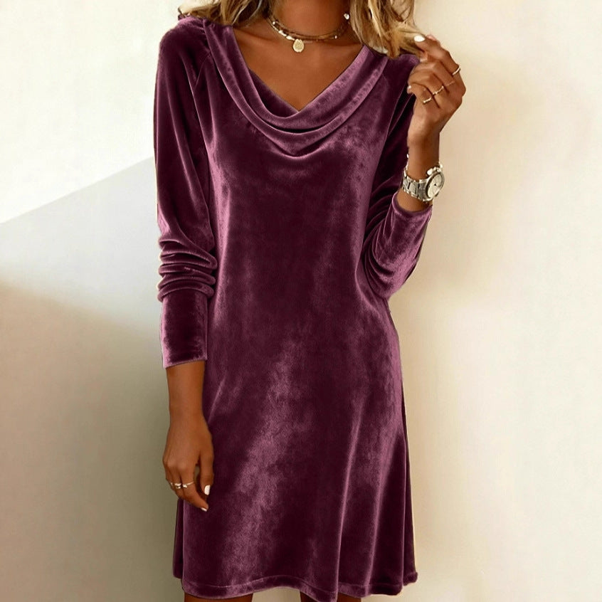 fall/winter fashion cross-border women's new solid color overcoat, swing neck long sleeve sexy velvet dress
