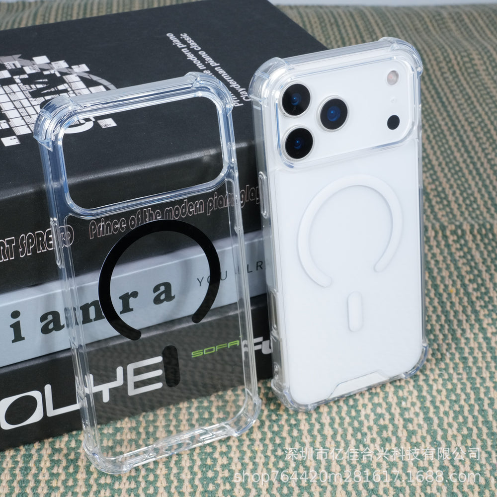 Unisex c-ring opening apple 17promax mobile phone case suitable for iphone15 transparent magnetic four-corner anti-fall case