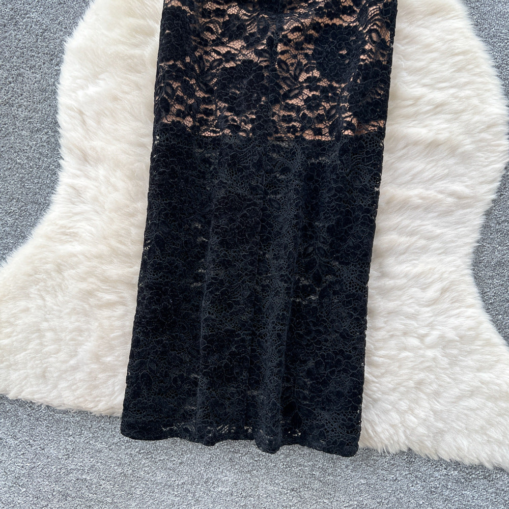 French high-end women's dress -  autumn fashion square neck button-down tie waist short sleeve flocked lace maxi dress