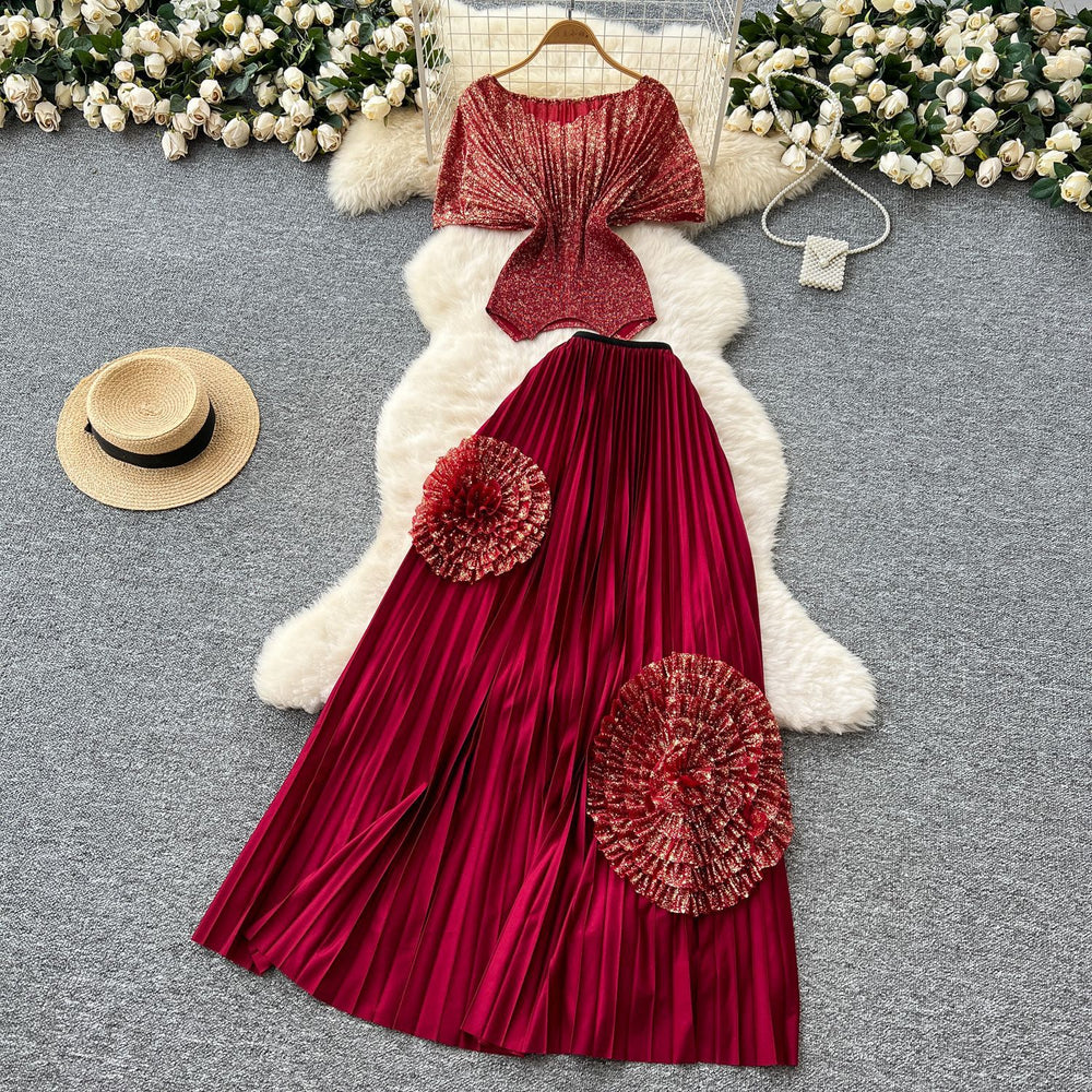 Miya pleated european and american style two-piece set: women's slim-fit short-sleeve pleated top with floral high-waisted pleated midi skirt