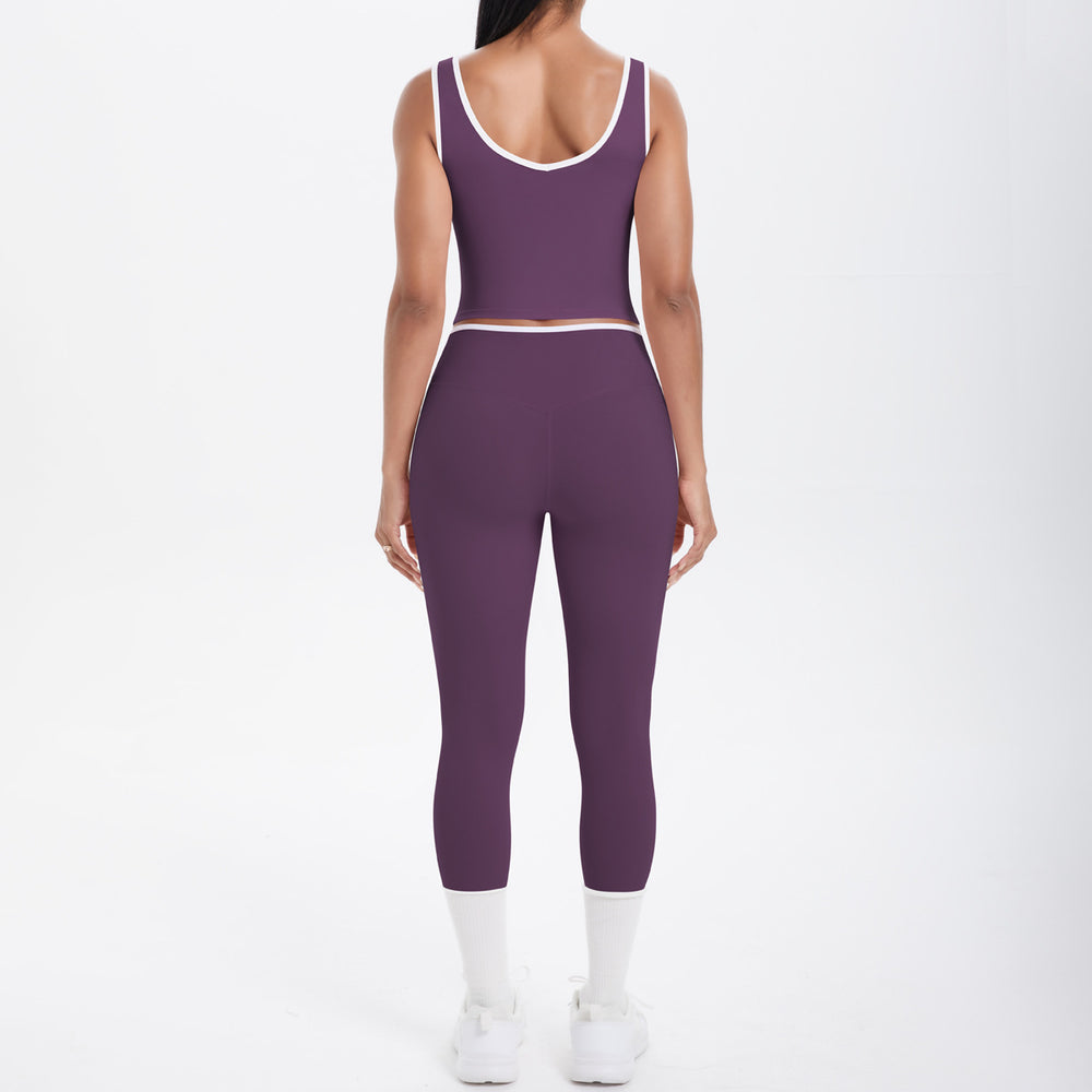 popular double-sided brushed contrast color tight breathable cross yoga suit sports running fitness two-piece set