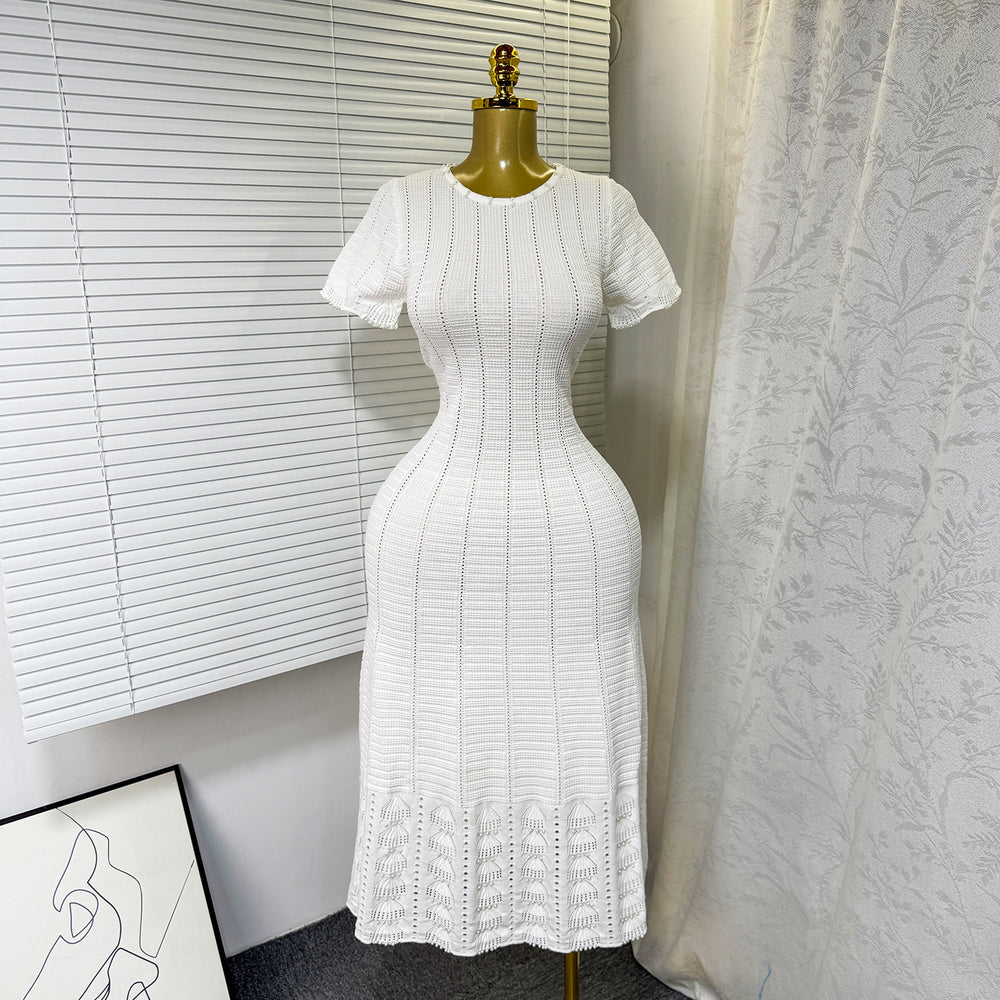 summer new arrival: elegant round neck beaded hollow-out slim-fit short sleeve knitted dress for women