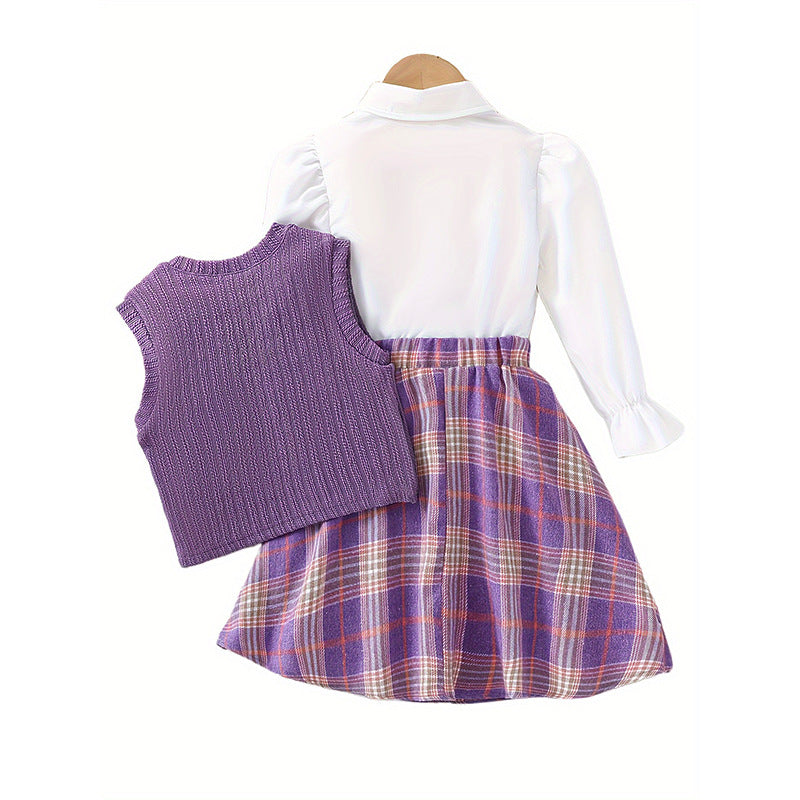 girl skirt suitk-style dark purple knitting vest plaid skirt doll collar shirt preppy style three-piece set