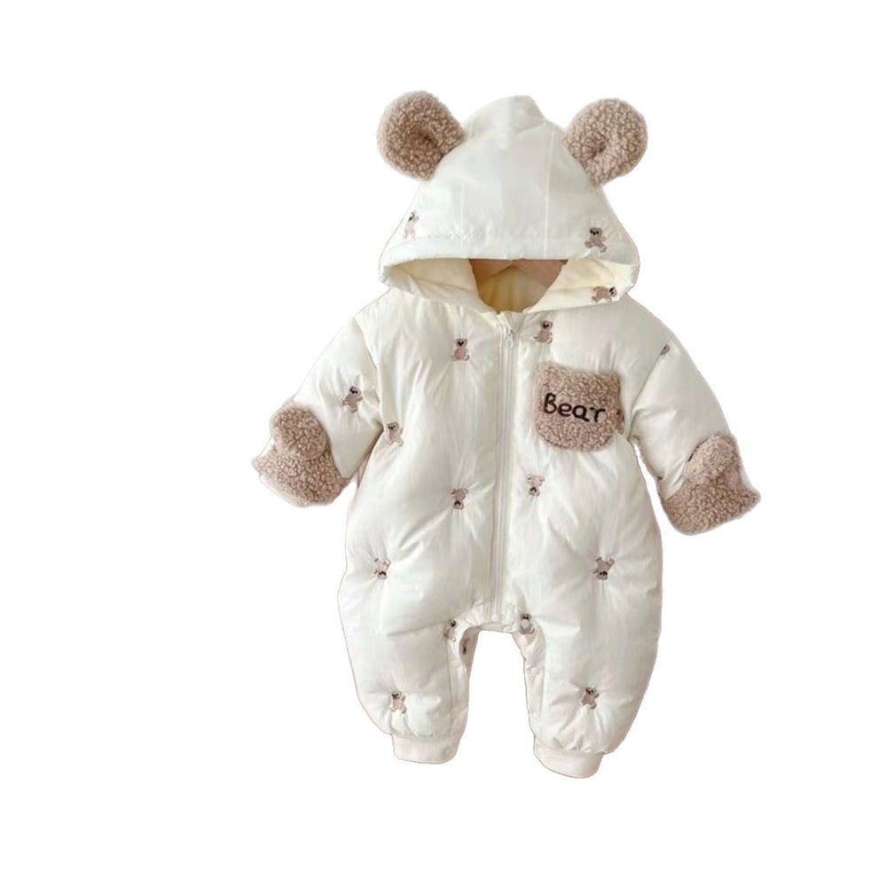 Newborn baby winter romper, full month celebration outfit, thickened onesie for baby boys and girls, bear hug style, trendy outdoor wear
