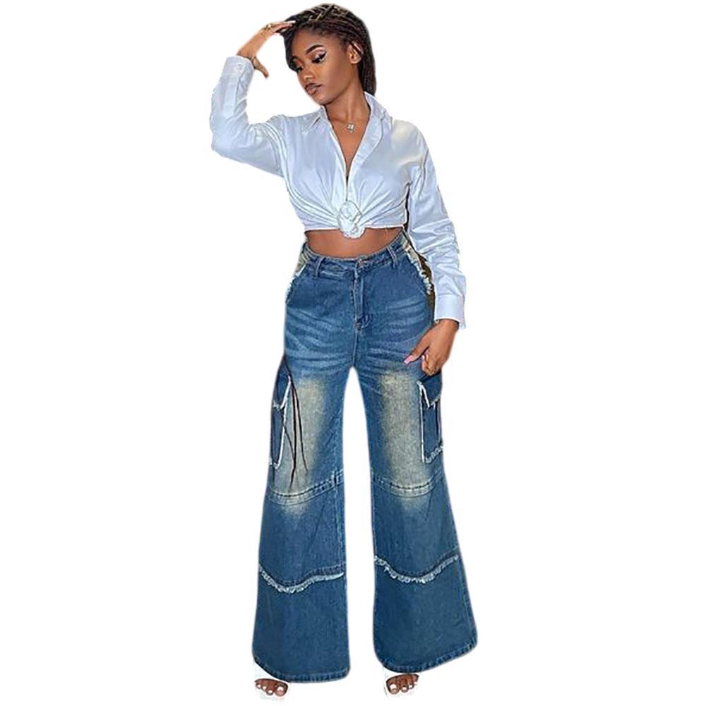 European and american style straight-leg jeans -  foreign trade women's fashion hot girl washed vintage high-waisted wide-leg pants