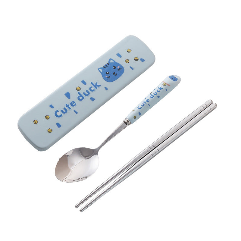 Cute stainless steel cutlery set with stylish ceramic handles - portable student dinnerware, kids' chopsticks and spoon set