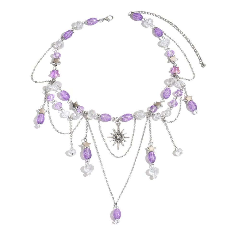 European and american cross-border purple fairy style tassel sun pendant necklace women's retro french layered necklace