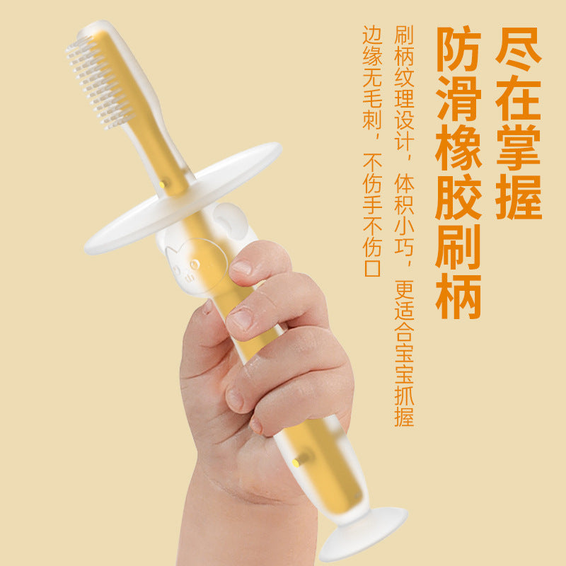 Baby training silicone three-dimensional baby teeth brush standing suction cup toothbrush silicone tongue coating soft bristle brush baffle safety brush