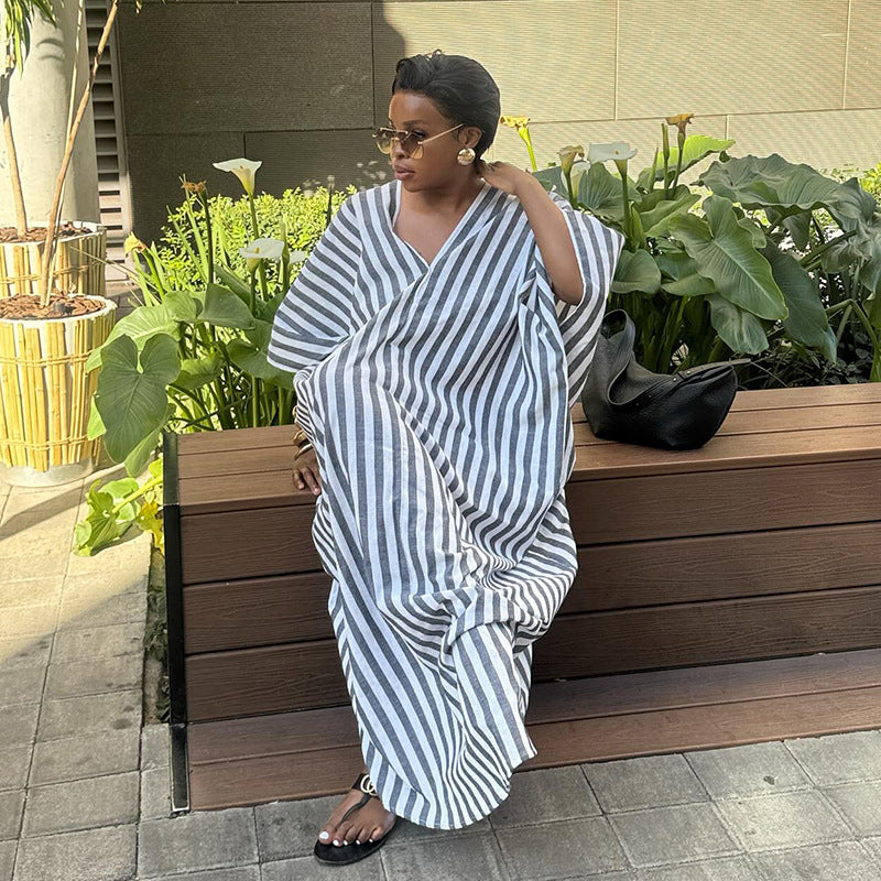European and american women's clothing  autumn new sweet and fresh loose plus size striped v-neck batwing sleeve straight maxi dress