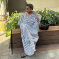European and american women's clothing  autumn new sweet and fresh loose plus size striped v-neck batwing sleeve straight maxi dress