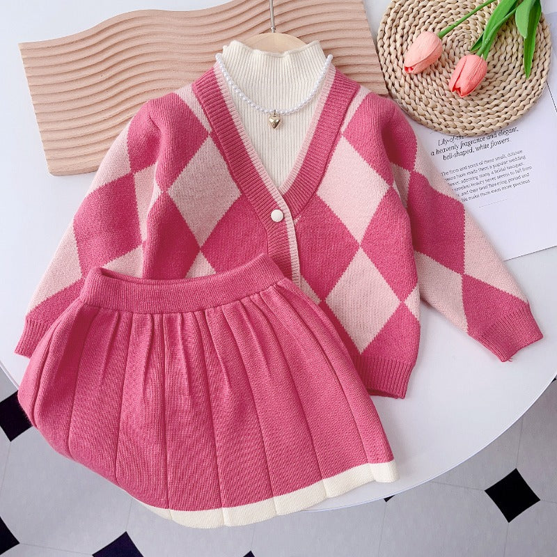 Girls' ribbed knit sweater dress set - new autumn/winter two-piece style: knitted cardigan and skirt set - cross-border children's wear