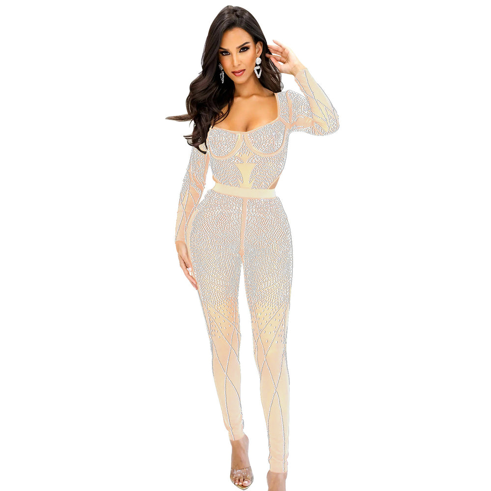 C6389 cross-border   fashion women's solid color mesh rhinestone long sleeve pants jumpsuit
