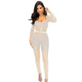 C6389 cross-border   fashion women's solid color mesh rhinestone long sleeve pants jumpsuit