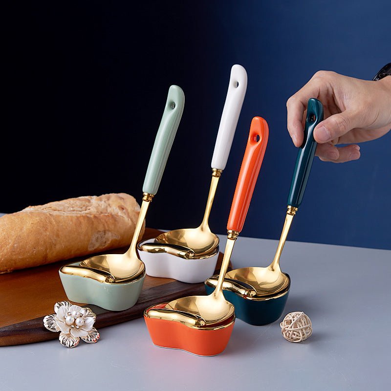 Luxury stainless steel soup ladle kitchen utensil set - includes hot pot spoon with ceramic handle, anti-scald cooking spoon - wholesale