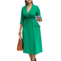 D3294export women's fashion elegant double-breasted suit collar pure colordress medium long cross-border dress
