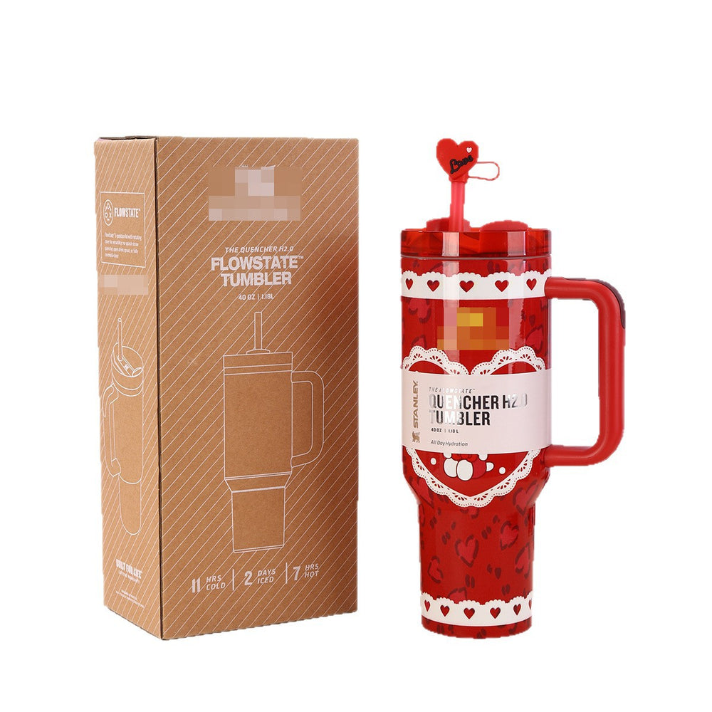 New creative heart-shaped handle ice tumbler, large capacity 304 stainless steel insulated mug, stanley-style portable straw cup
