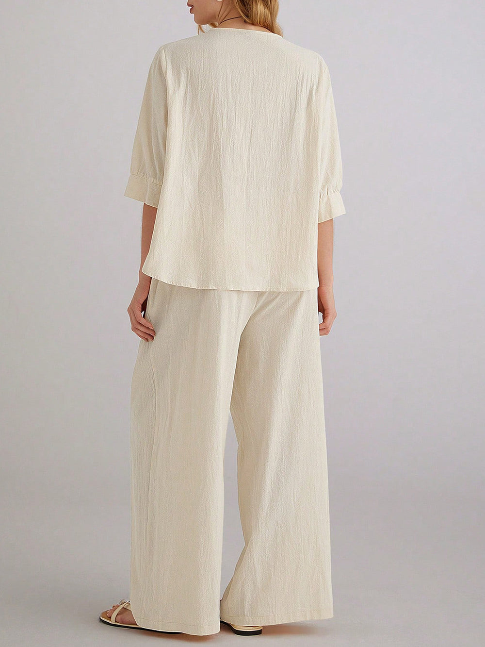 european and american plus size off-white v-neck mid-sleeve two-piece set: relaxed fit top and wide-leg pants