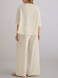 european and american plus size off-white v-neck mid-sleeve two-piece set: relaxed fit top and wide-leg pants