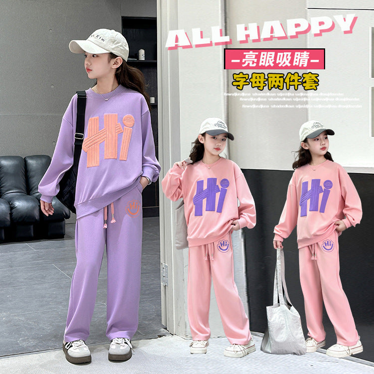 Girls' outfit set, spring/autumn , junior high school girl's clothing, student sweatshirt, spring two-piece set, sports long sleeve casual wear