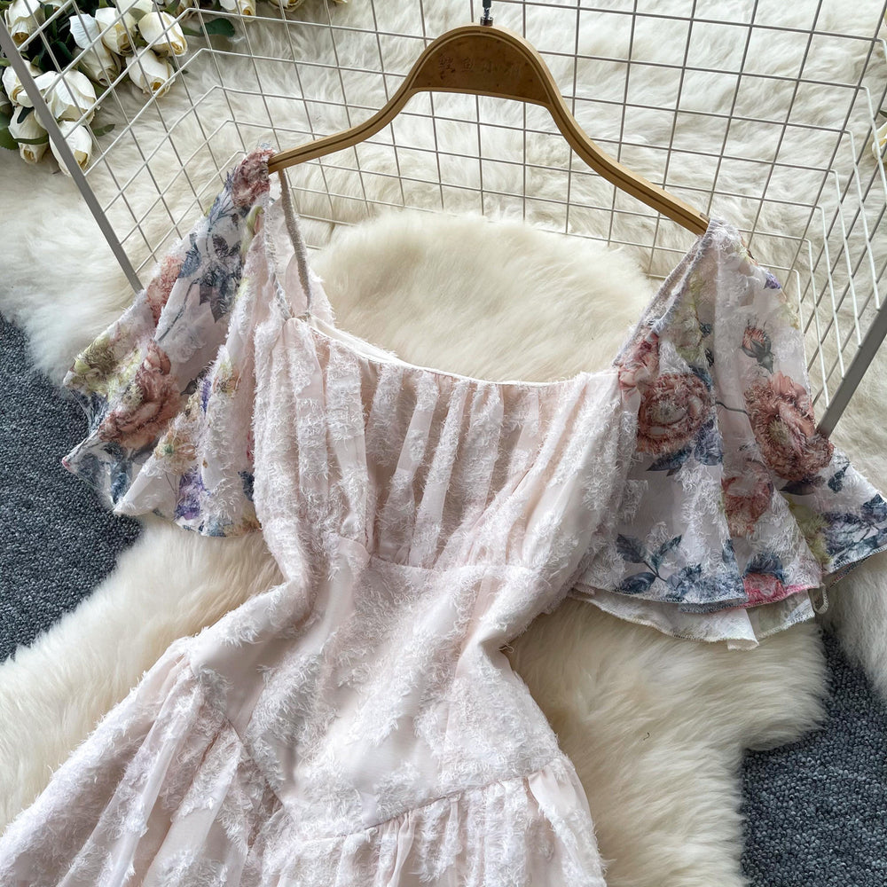 Vacation style floralsprintingsweetdress women's summer flying sleeves square neck high waist silmdraped large hem long skirt