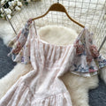 Vacation style floralsprintingsweetdress women's summer flying sleeves square neck high waist silmdraped large hem long skirt