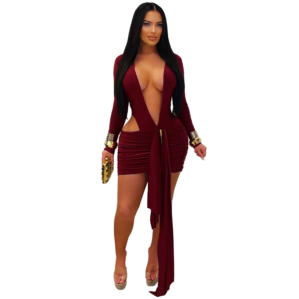 C7607 cross-border   fashion women's sexy deep v solid color ribbon dress mini skirt new