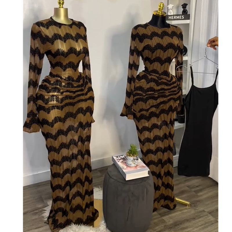 European and american women's clothing  summer new sweet and fresh striped round neck long sleeve high waist maxi dress