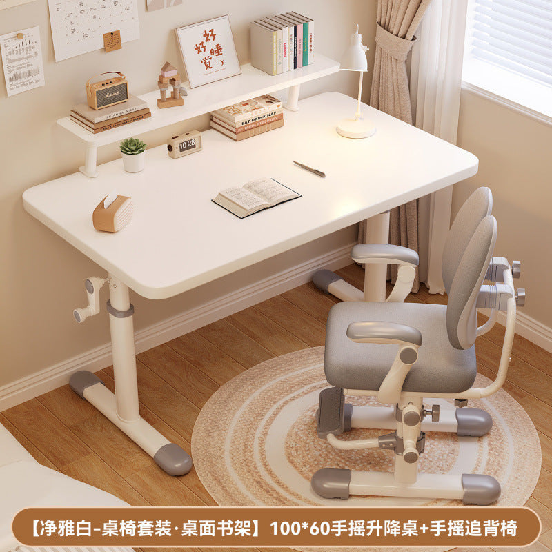 Hand-crank adjustable desk, thickened study table, bedroom study room complete computer desk set, adjustable wooden children's desk and chair set