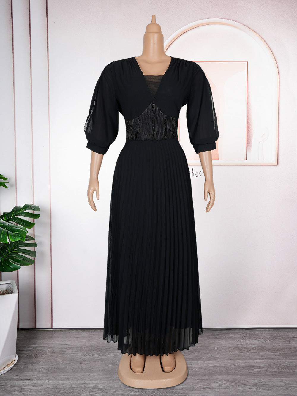 Aliexpress cross-border african new plus size women's elegant maxi dress, european and american foreign trade trendy v-neck pleated dress