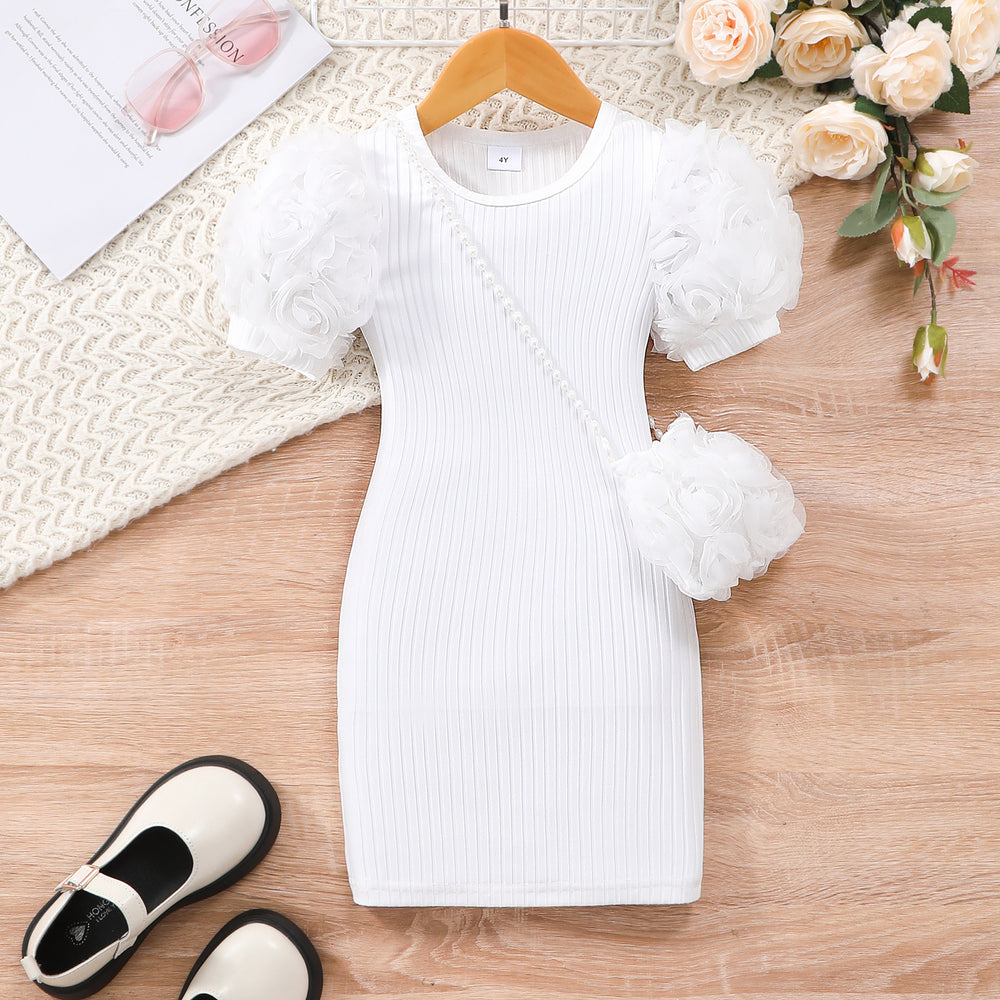 Children's flower short-sleeved dress + flower shoulder bag
