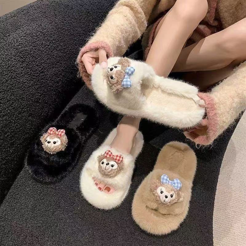 2025 trendy cute shirley mei fuzzy cotton slippers - women's winter outdoor wear, warm thick sole, indoor home slides