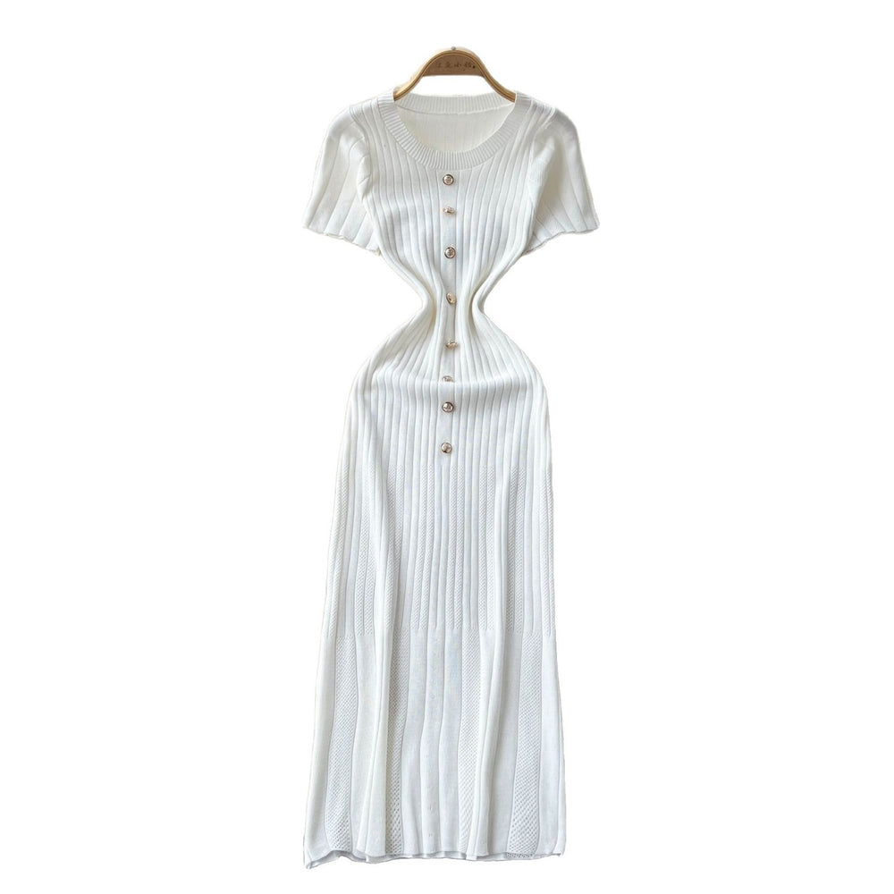Xiaoxiangfeng fashionablefashionable metal buckle silm short-sleeved knittingdress female summerfrench waist sweater skirt