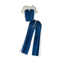 Chic hong kong style women's two-piece set: designer short-sleeve t-shirt with denim patchwork top + high-waisted casual straight-leg pants