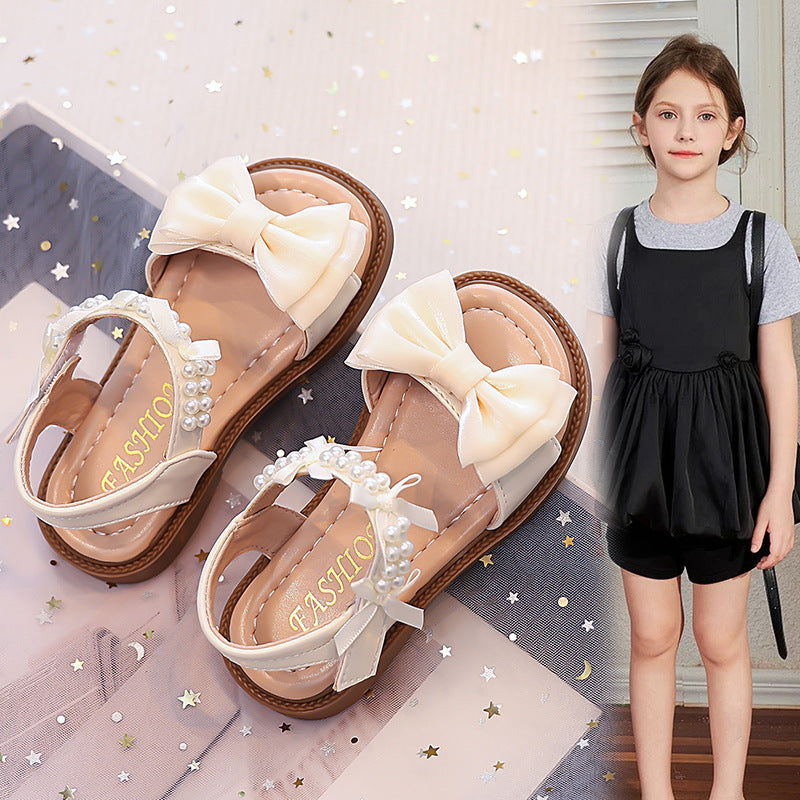 Vancahao kids' chanel-inspired pearl open-toe sandals -  summer new korean style girls' bow princess shoes