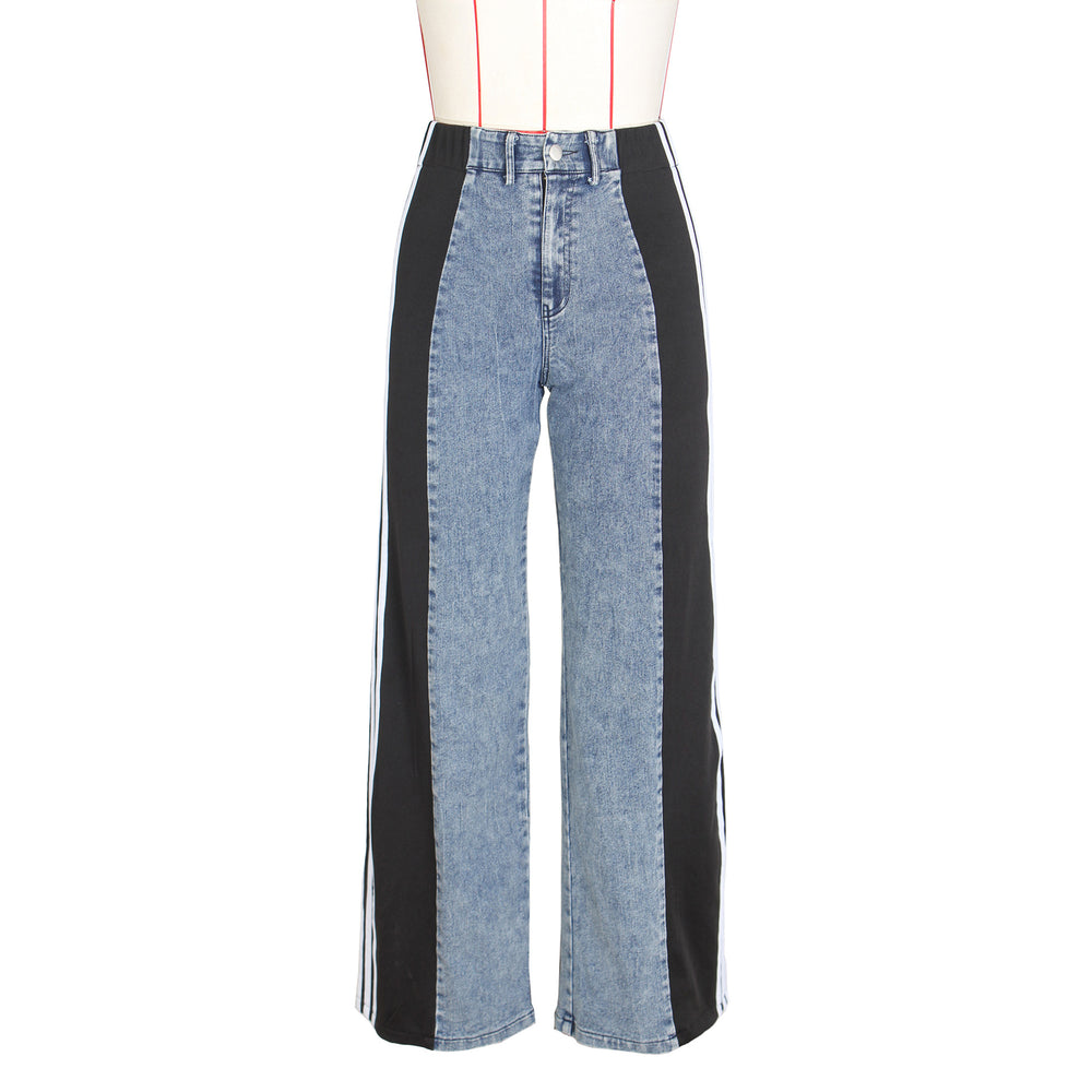 summer fashion patchwork three-stripe wide-leg denim pants - new women's casual high-waisted stretch straight-leg trousers