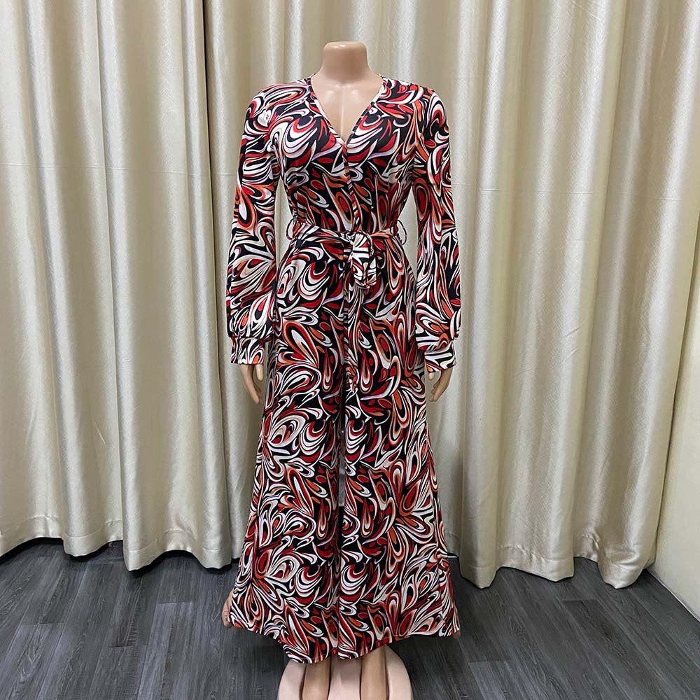 C8439 autumn/winter new fashion casual european and american style african print wide-leg long sleeve african cross-border jumpsuit