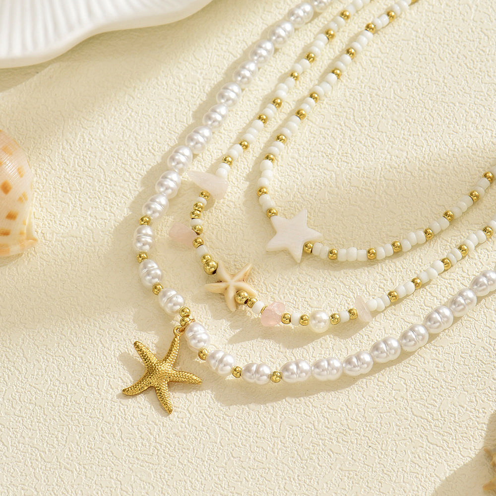 Wholesale resort-style necklaces, european and american cross-border niche luxury accessories, bohemian-style pearl and starfish sweater chains