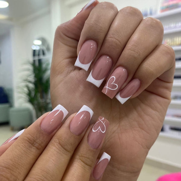 Wear nail fake nail white French love medium and long European and American style nail art tablets Removable nail art patches