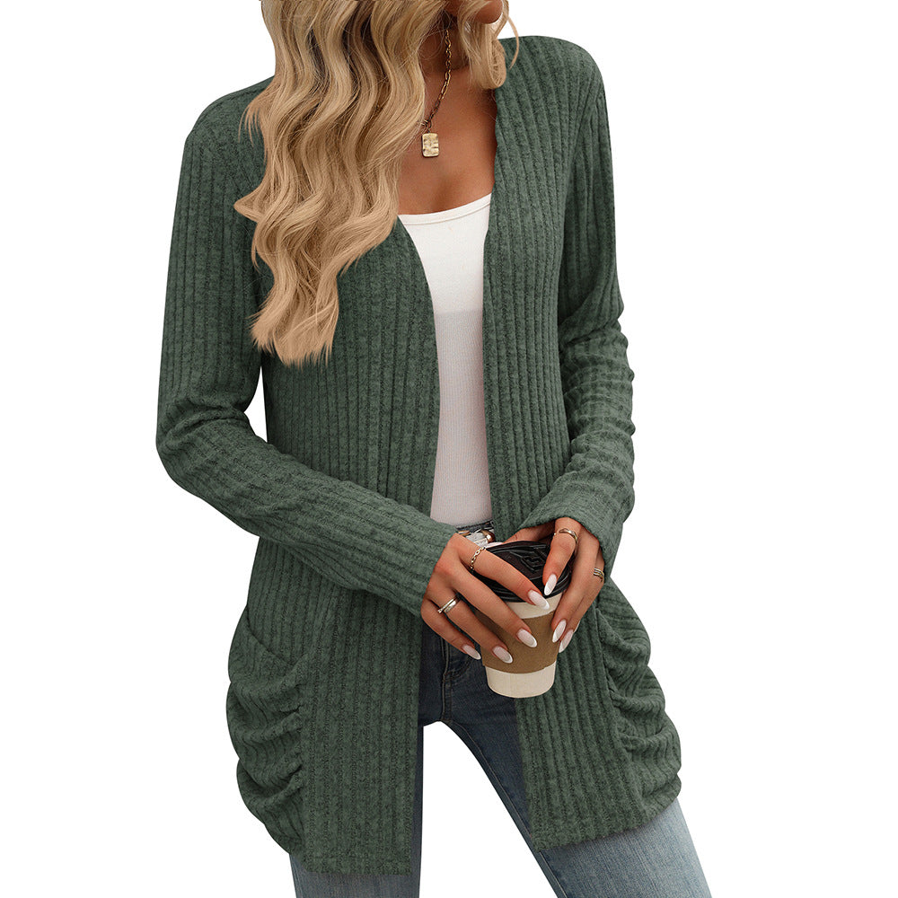 Europe, America,   2024 autumn and winter new solid color pit strip abraded pocket cardigan long-sleeved jacket women