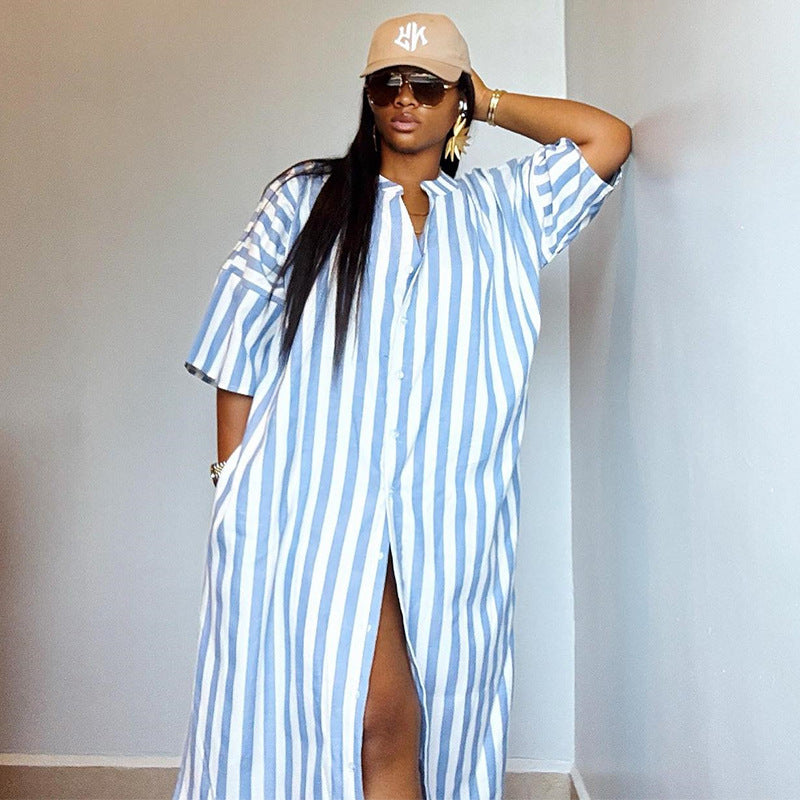 European and american cross-border african women's fashion:  autumn/winter new collection - stylish blue striped loose-fit button-down shirt dress