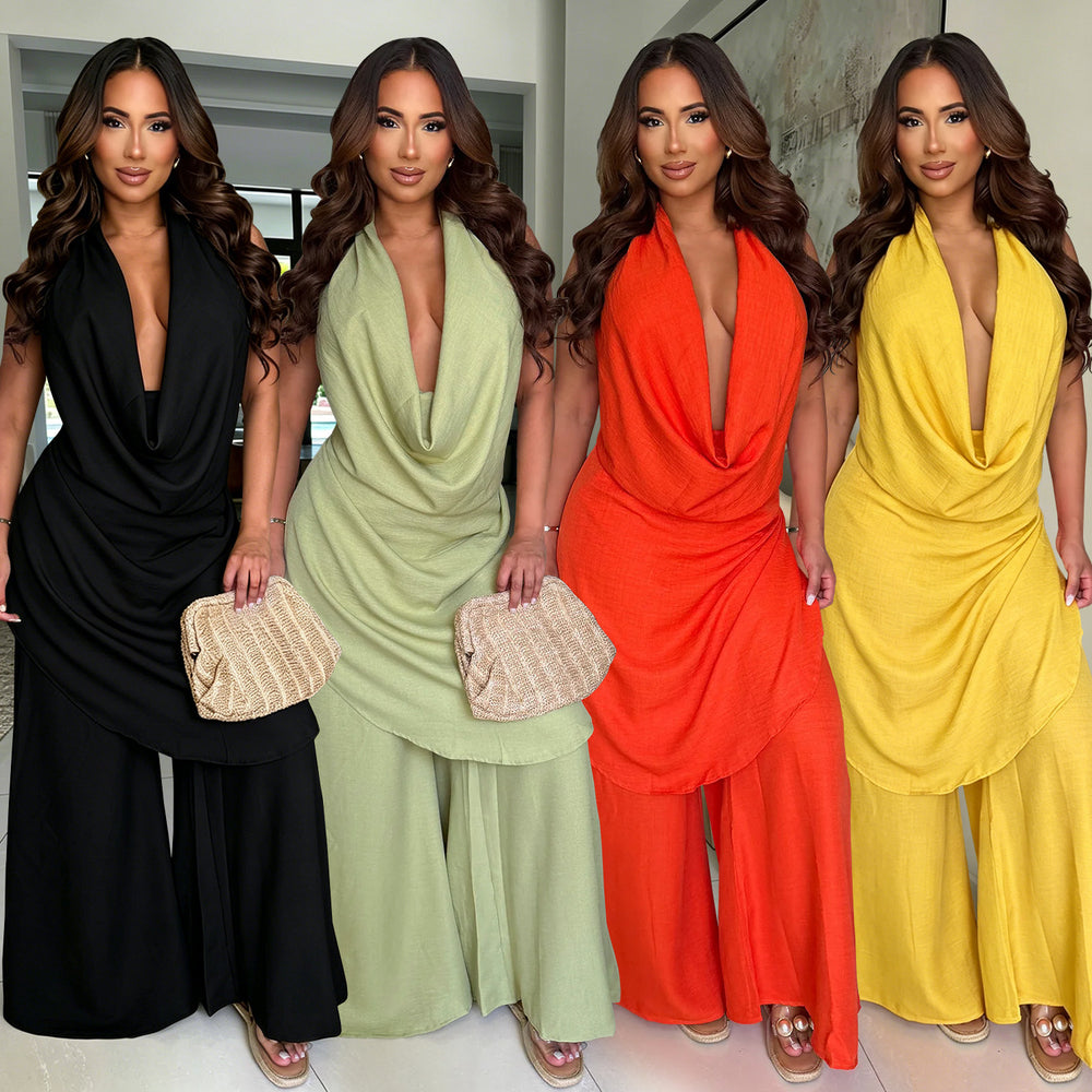 C7785 cross-border  new women's halter deep v-neck solid color loose drape wide-leg pants vacation casual set