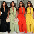 C7785 cross-border  new women's halter deep v-neck solid color loose drape wide-leg pants vacation casual set