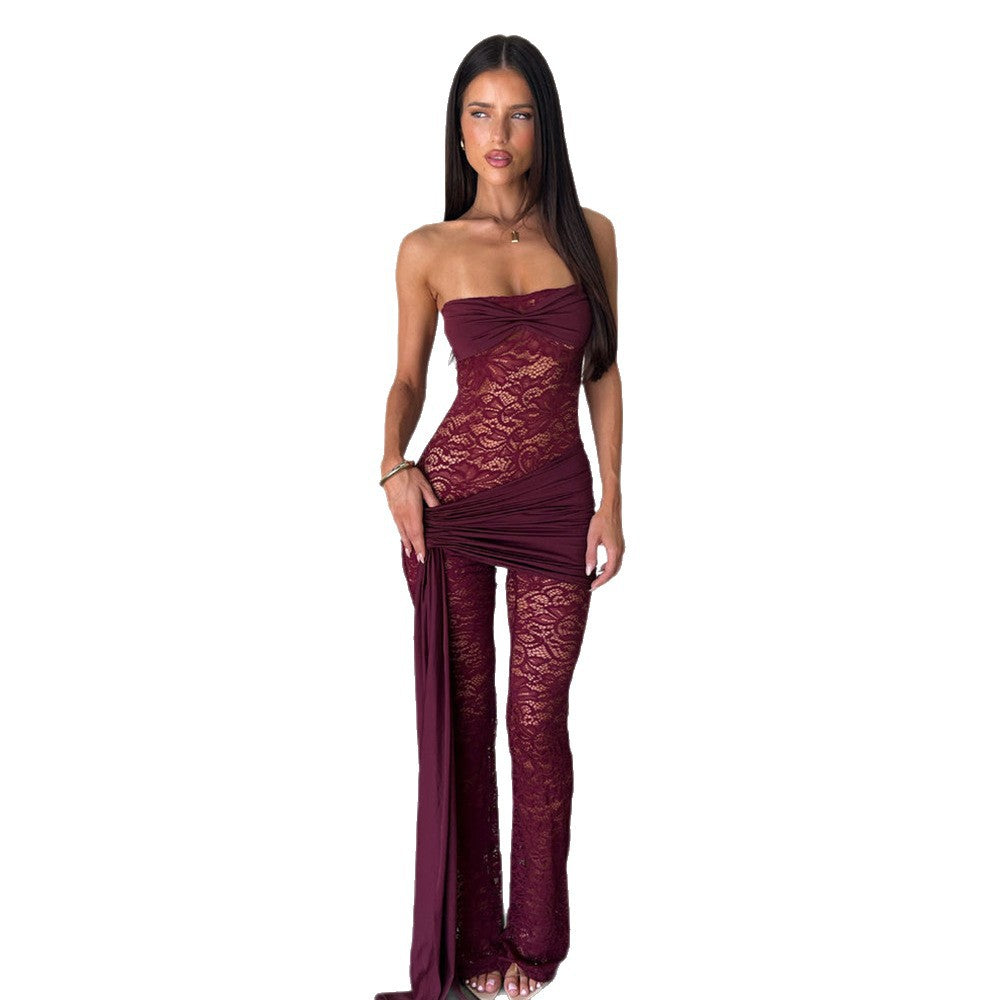 European and american style women's summer new sleeveless lace patchwork sexy see-through slim-fit backless flare jumpsuit