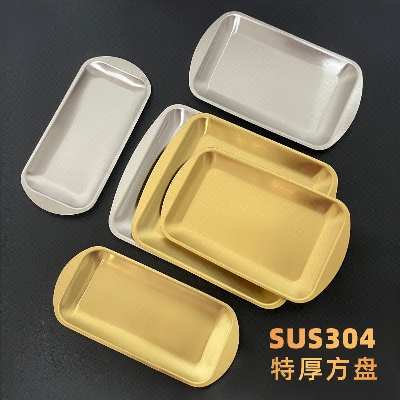 Korean style 304 stainless steel rectangular tray, thickened gold-plated bbq plate, serving dish, sushi plate, flat bottom tray, storage tray