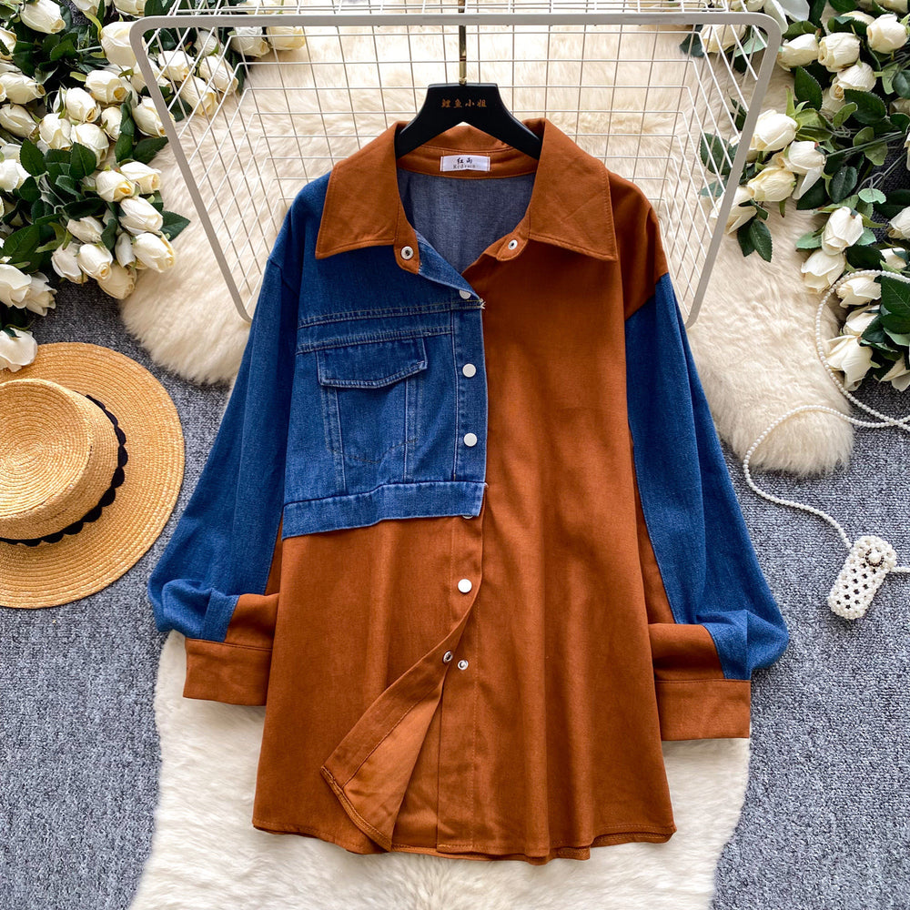 Trendy retro patchwork denim shirt for women - long sleeve, loose fit, cardigan style, versatile and chic top for autumn