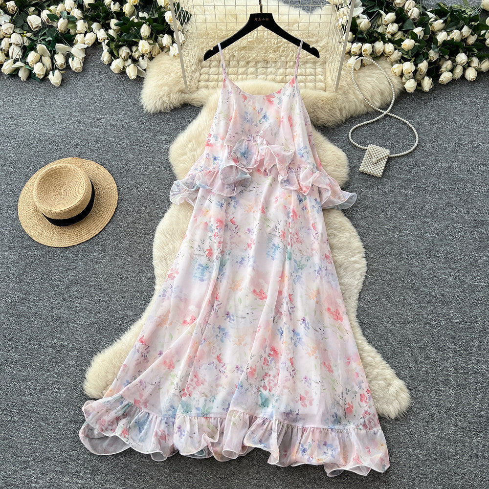 French riviera floral dress - women's summer sleeveless ruffle trim slimming maxi dress