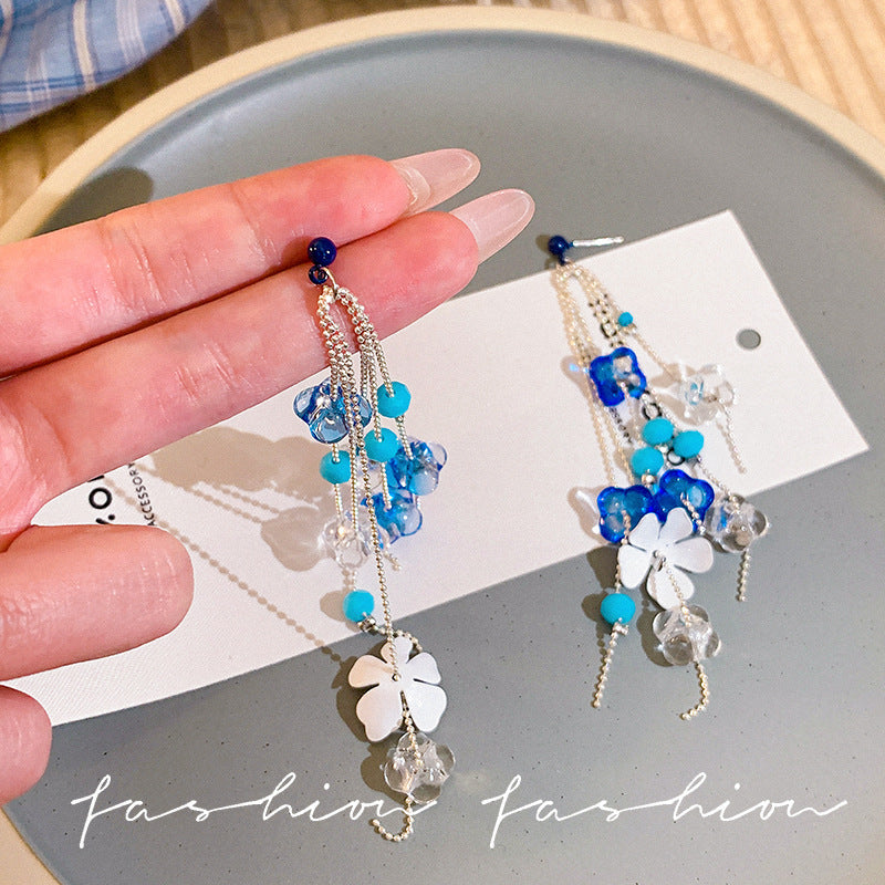 French chic tassel flower stud earrings - ethereal blue, fresh & elegant, unique long earrings for spring/summer beach looks