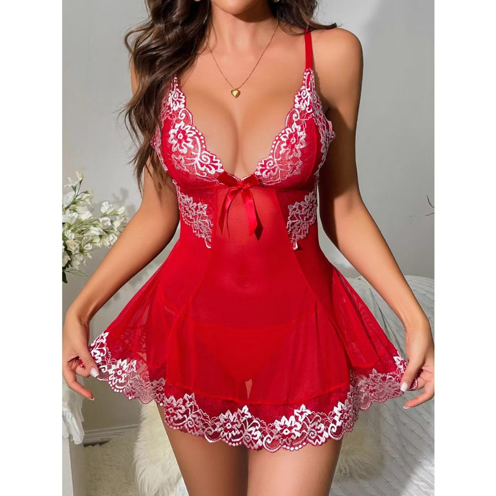 foreign trade sexy lingerie sexy women's suspender mesh see-through bow nightgown lace backless flirting suit