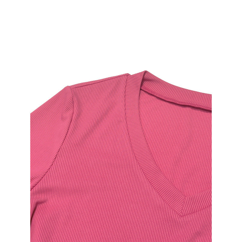 Real shot export 1688 shein  hot selling casual solid color v-neck rolled sleeve t-shirt