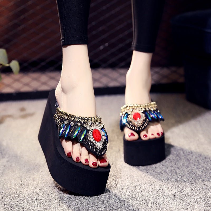 Shining jiao women's sandals 2026 new style outdoor flip-flops super high heel slippers women's summer internet celebrity fashion beach shoes